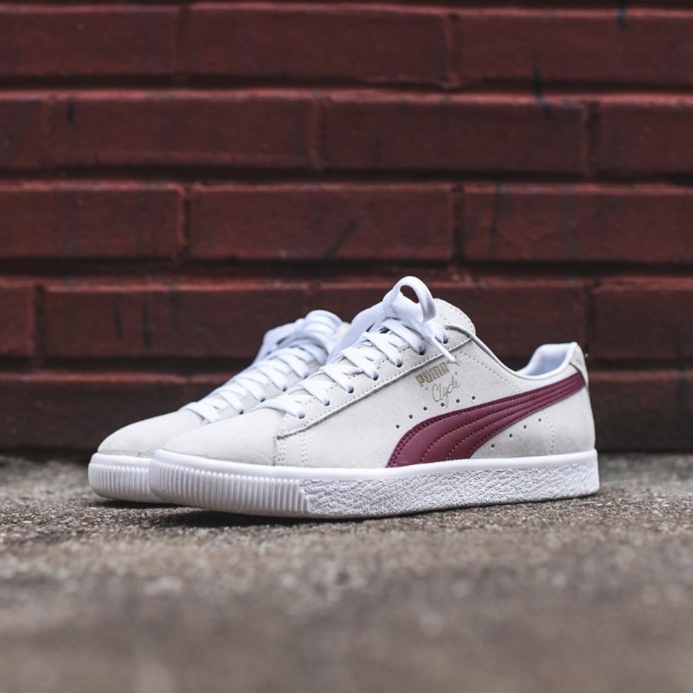 Clyde Burgundy and White Puma Sneakers